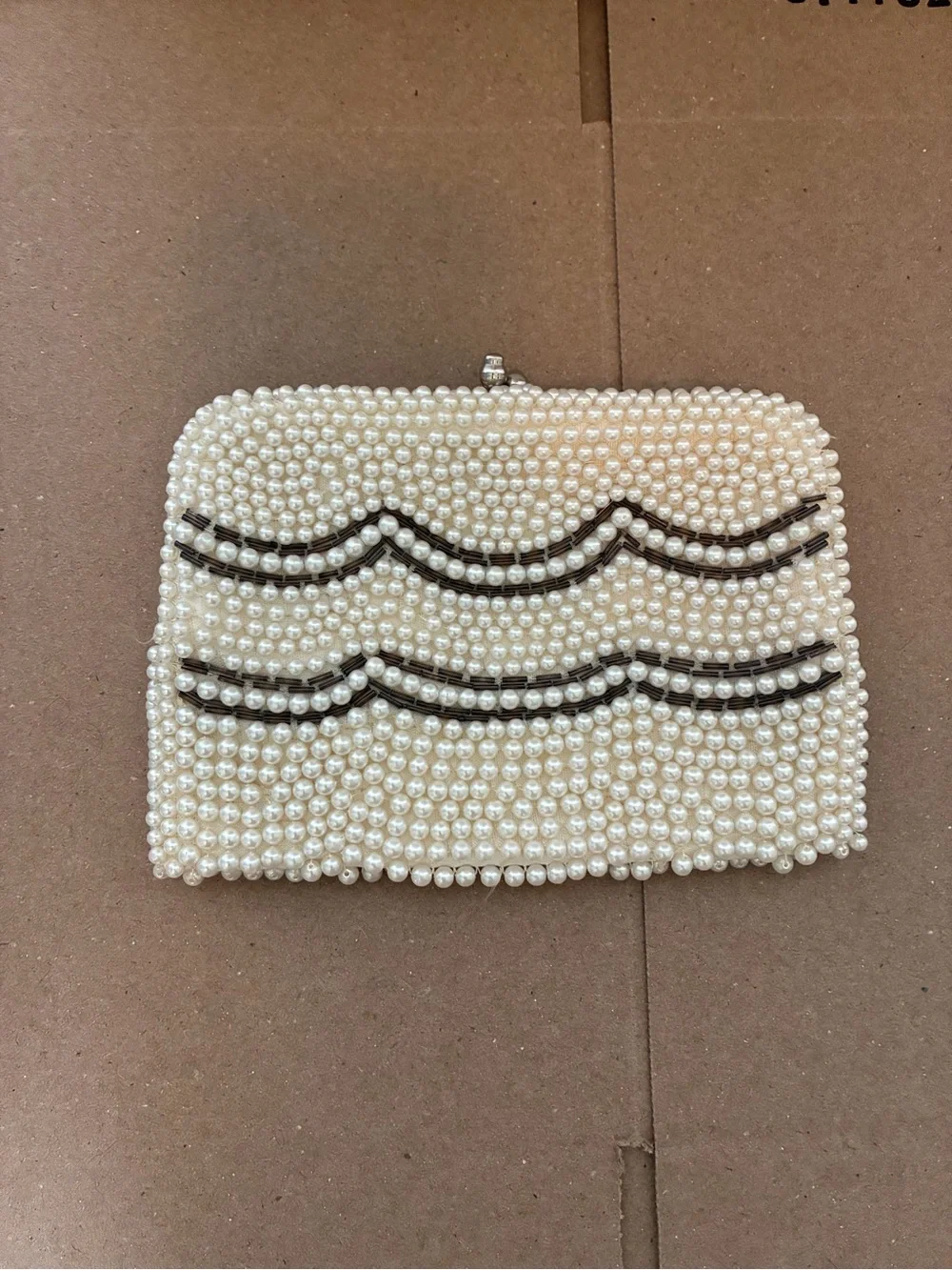 Vintage Pearl Beaded Clutch with Black Wave Trim